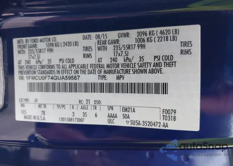 2016 Ford Escape S from USA, damaged, VIN 1FMCU0F74GUA59587